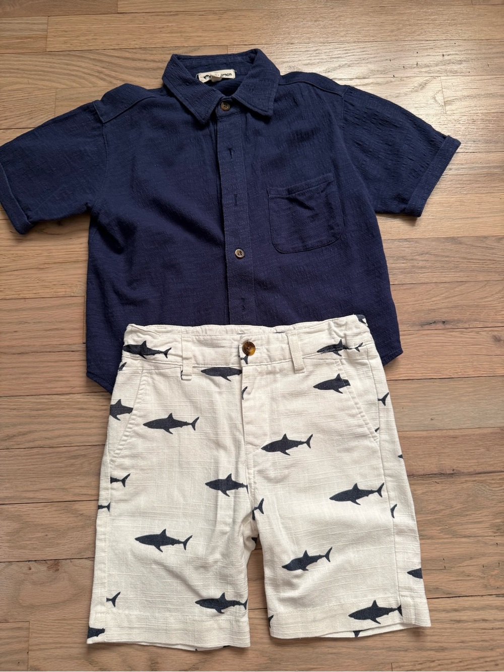 Appaman Navy Shirt with Cream Shark-Print Shorts